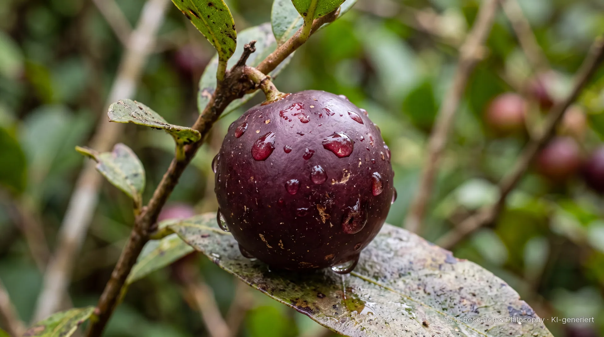Makroaufnahme einer reifen violetten Camu-Camu-Frucht mit Wassertropfen
