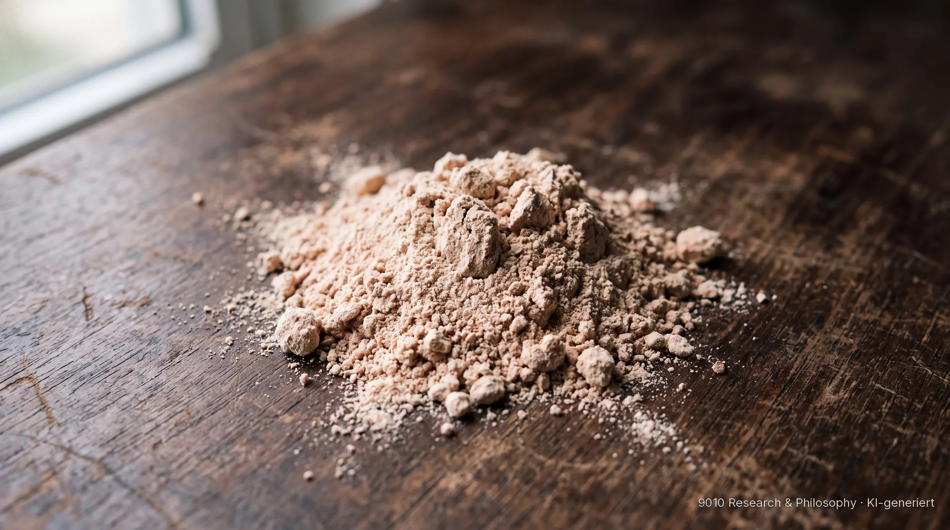 Loses getrocknetes Camu-Camu-Pulver ohne Verpackung auf dunklem Holzuntergrund