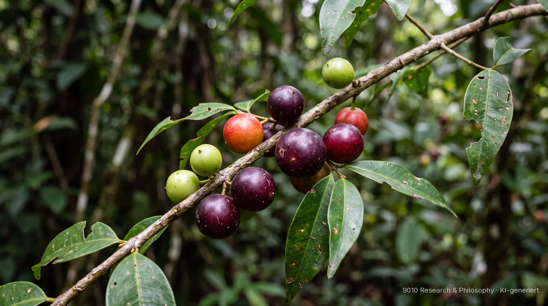 Camu-Camu-Zweig mit Früchten in drei Reifestadien, grün, rot und violett