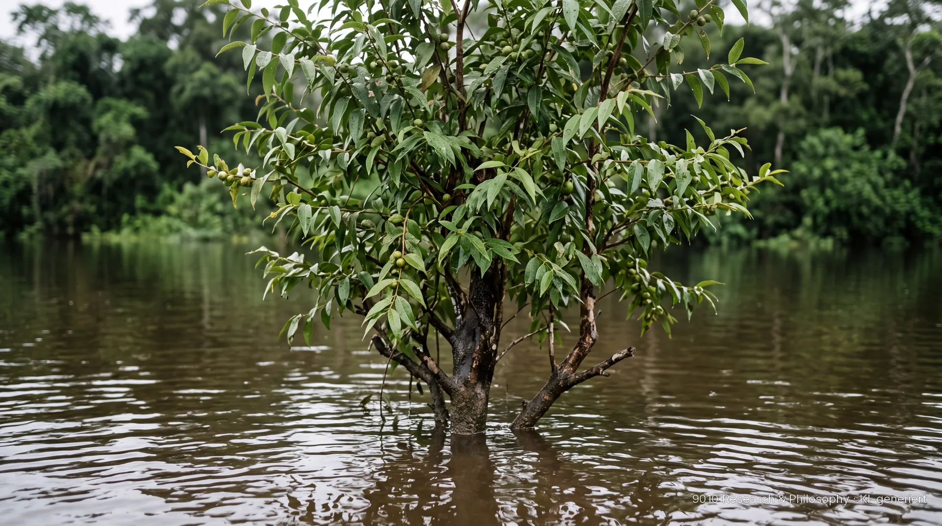 Camu-Camu-Strauch im Hochwasser eines Amazonaszuflusses, die Wasserlinie steht am Stamm